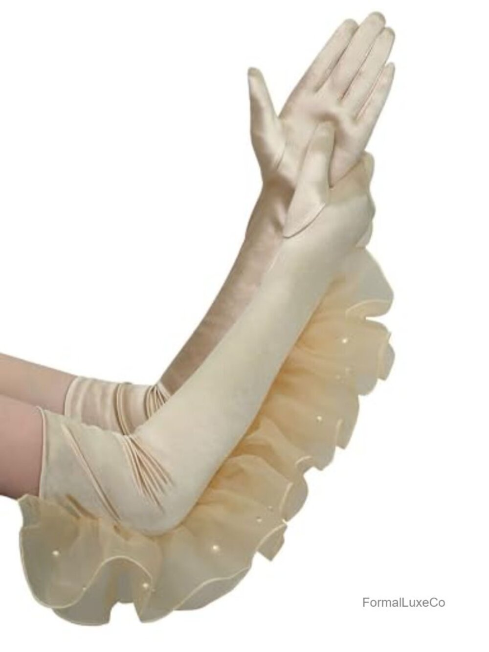 Long Satin Opera Gloves Side Ruffles Pearl Elbow Length Formal Evening Party
